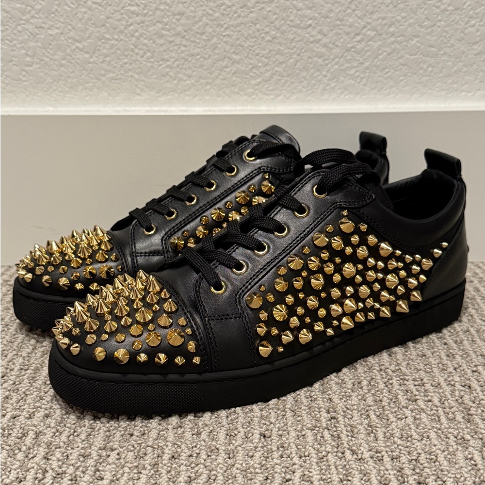 Christian Louboutin Black Leather Louis Junior Spike Low Top Sneakers Size 45